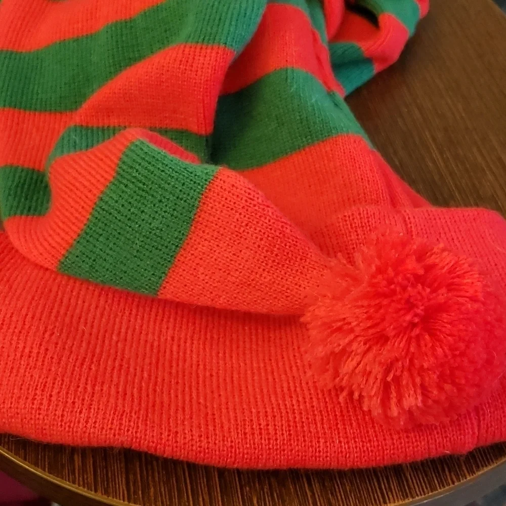 Ugly Stuff Red & Green Striped Long Beanie w/PomPom for a Person & a Pet Size L